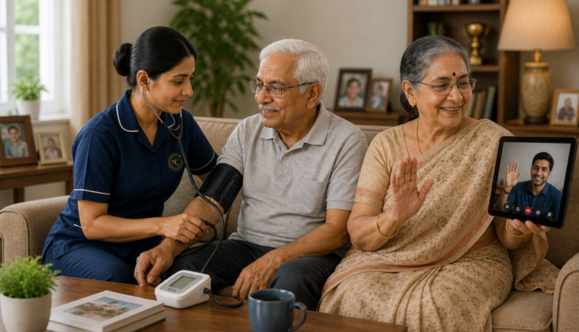 Elderly Indian parents receiving home care while mother video calls son abroad and caregiver checks father blood pressure