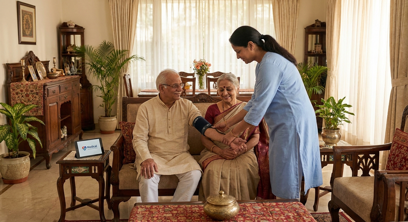 NRI Care 360 caregiver checking blood pressure for elderly Indian parents at home