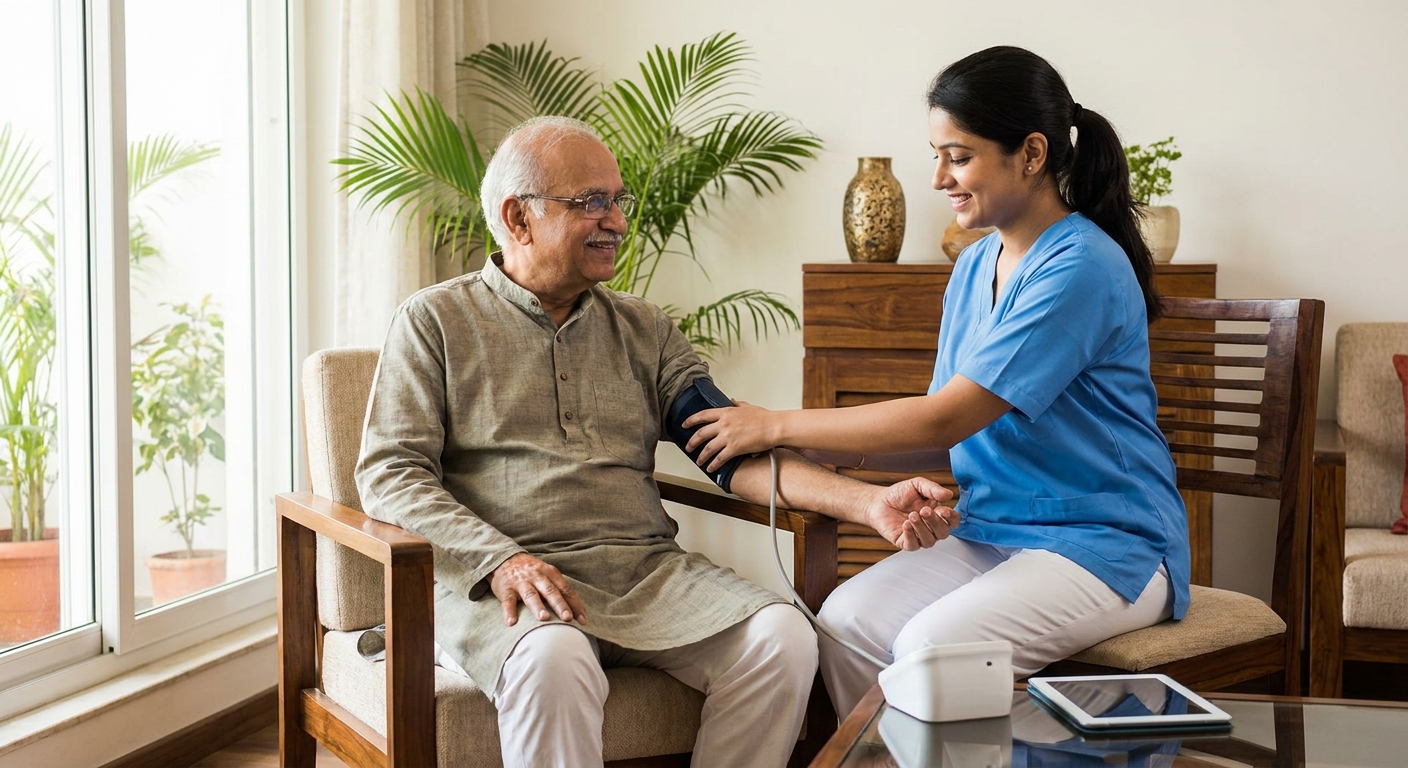 Care coordinator explaining care updates to elderly Indian couple at home