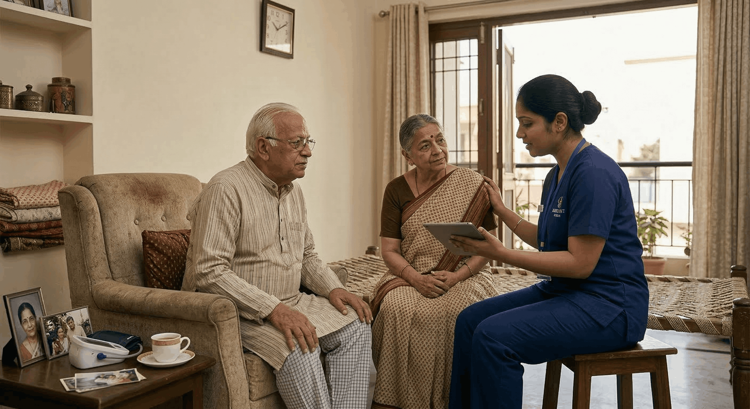 Caregiver offering emotional support to elderly parent at home